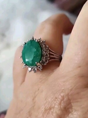 Orianne Diamond and Green  Beryl Emerald Statement Ring Sterling Size 8 925