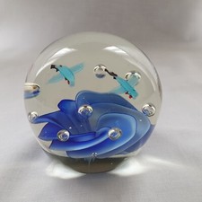 vintage Blue Wave Flying Fish Glass Paperweight 3 in high