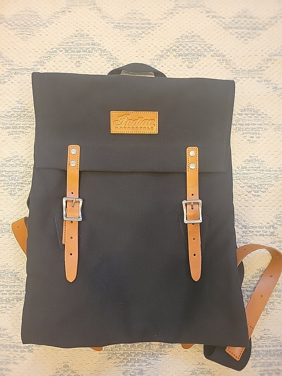 Indian Motorcycle Black Canvas & Brown Leather Backpack Book  display picture 1