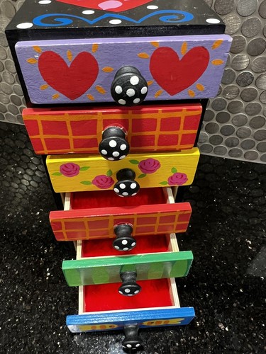 Tatutina Hand Painted Floral 6 Drawer Black Jewelry Box Storage 9” T X 4” W - Picture 6 of 12