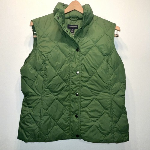 LANDS' END Womens Quilted Down Puffer Vest Green Hiking Outdoor Snaps M