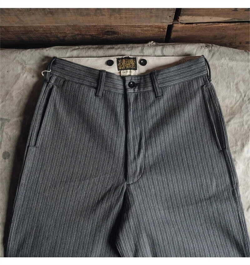 Bronson Vintage Black & Grey Striped Pants Men Suit Trousers Cotton Casual Pants - Picture 1 of 23