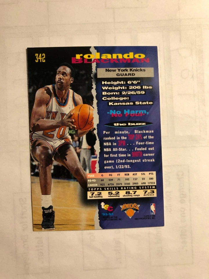 1994 ROLANDO BLACKMAN Topps Stadium Club Basketball Card # 342 Made in USA - Image 4 of 4