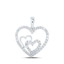 10K White Gold Womens Round Diamond Nested Heart Pendant 3/8 Cttw