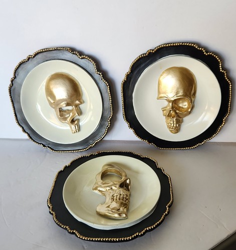 3 Heavy 3D SKULL Beaded PLATES Painted Black White & Gold Colors PLAQUES