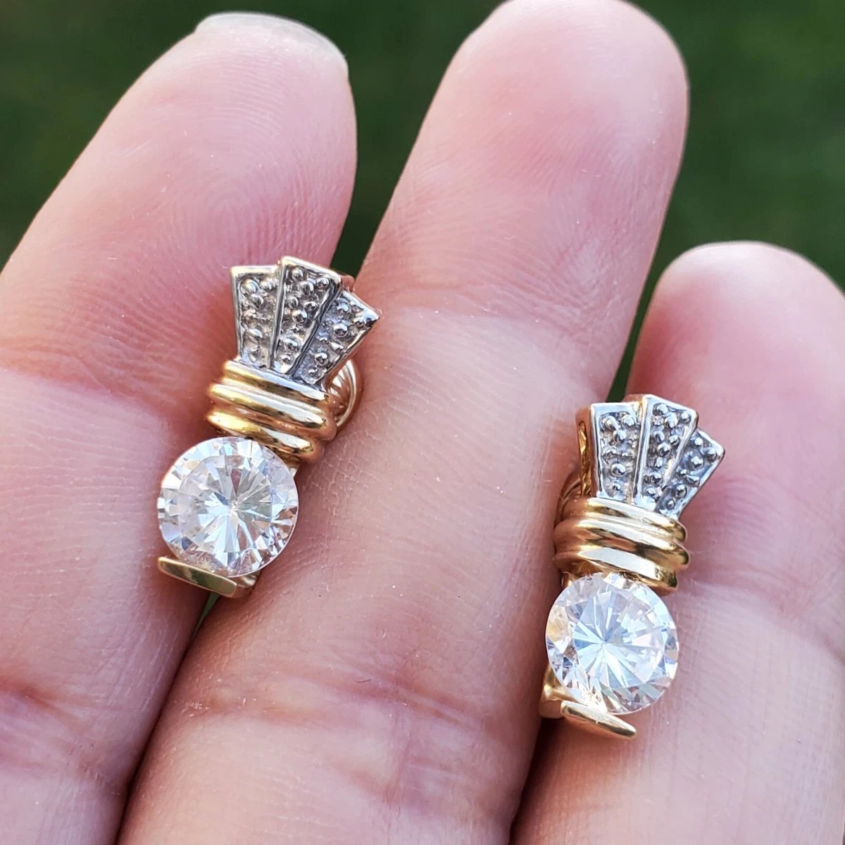 14K-10K VINTAGE SOLID YELLOW CZ STONE CLIP-ON EARRINGS NON-PIERCED SIGNED-NISSK
