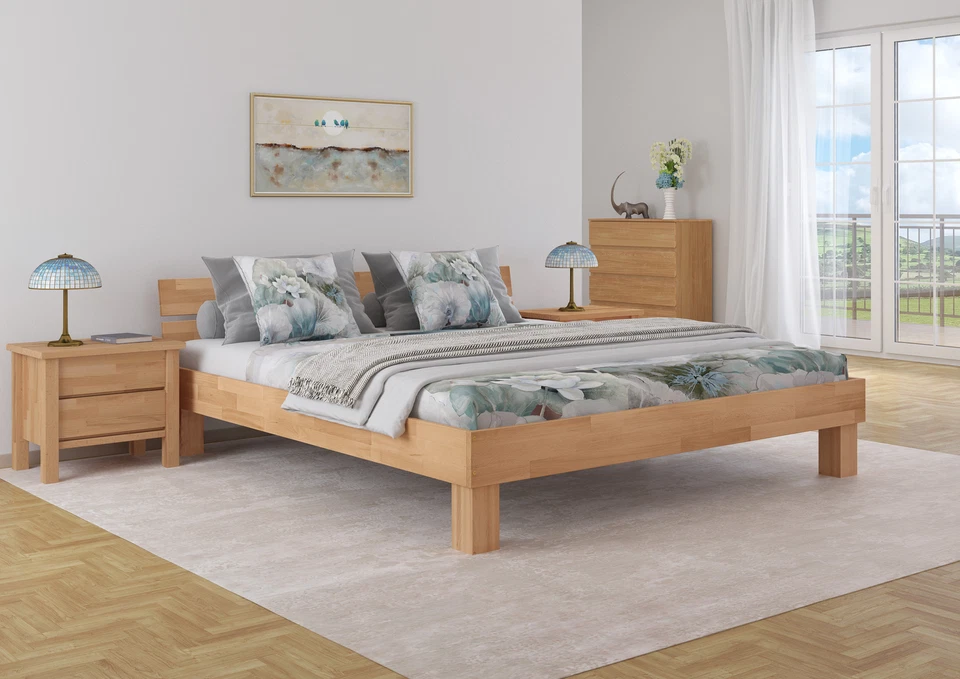 Grand lit adulte en hêtre naturel 200x200 style moderne, accessoires en choix - Photo 1/1