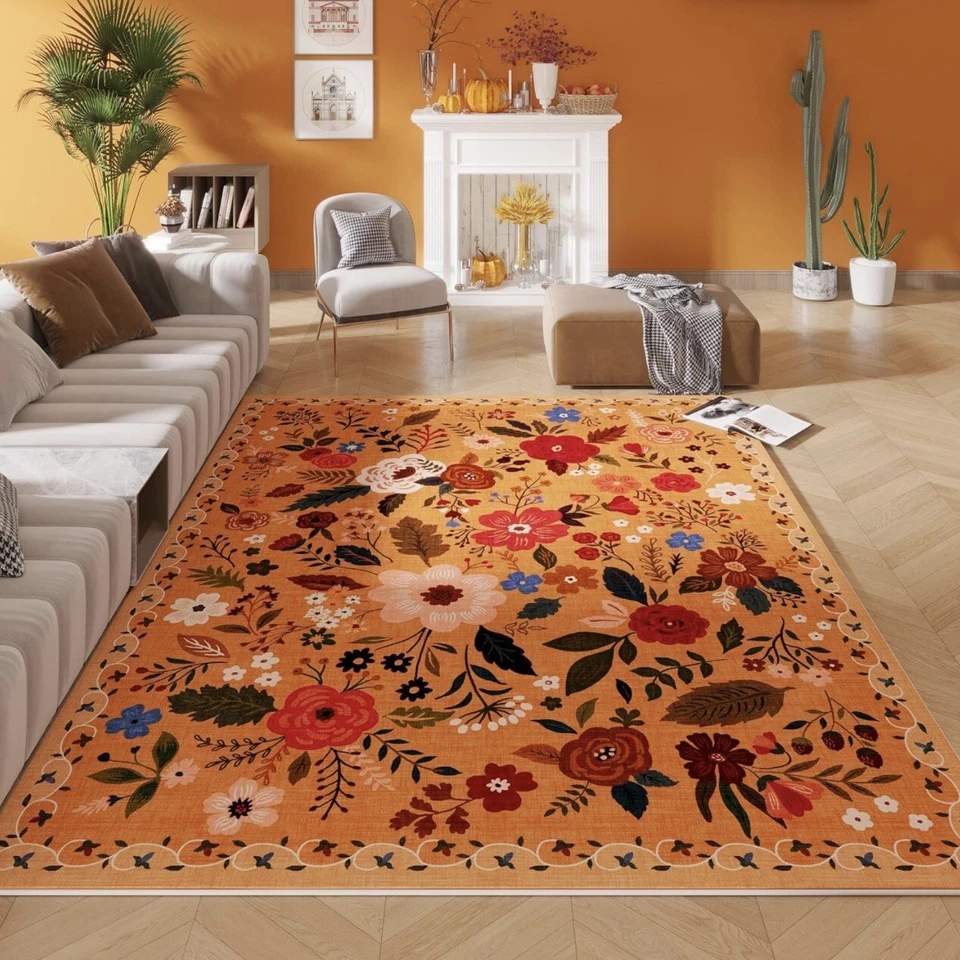 全新 Anthropologie 橙色花卉波西米亚复古多色小地毯 5' x 7' — 第 2/4 张图片