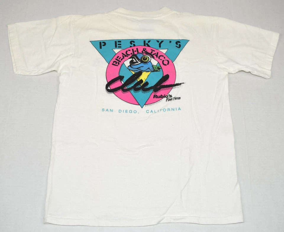 Vintage T-Shirt Size 80s Pesky's Beach and Taco Club Rubio's Fish Tacos c.1986 - Image 2 of 4