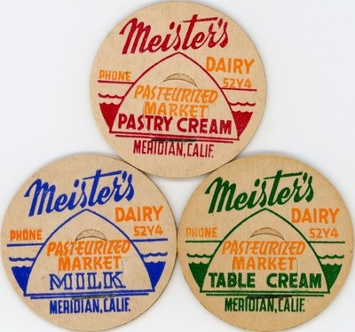 3 diff. Milk Caps - Meister's Dairy - Meridian, CA (California) - PHONE 52Y4