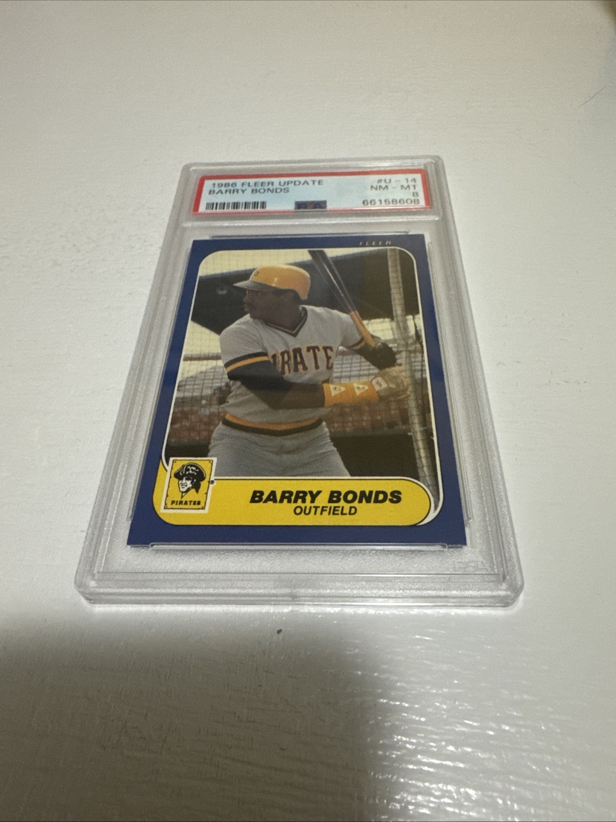 1986 Fleer Update Barry Bonds Rookie RC #U-14 PSA 8 NM-MT Giants HOF Pittsburgh view 3