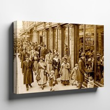 Vintage sepia photo canvas wall art Victorian people shopping street scene print