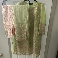 Green Net Embroidered Salwar Kameez 3-Piece w/ Dupatta Pants, M