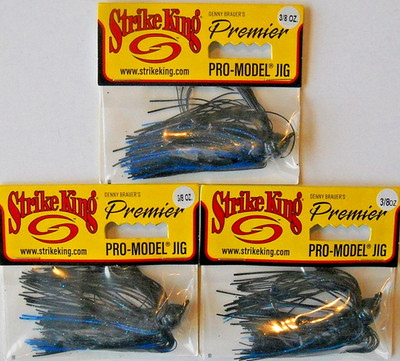Lot of 3 STRIKE KING 3/8oz PREMIER PRO MODEL jigs in BLACK BLUE ACCENT color