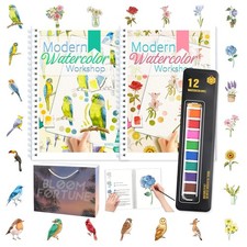 2-Pack Beginner Watercolor Workbooks: 24 Coloring Pages  12 Watercolor Paint...