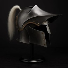 Elmetto Cavaliere Barbuta Medievale Italiano con Pennacchio Bianco - Acciaio Calibro 18