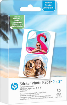HP Sprocket 2X3  Premium Zink Pre-Cut Sticker Photo Paper, 30 Sheets, Compatible