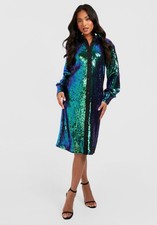 Boohoo Petite Bright Sequin Midi Shirt Dress Collared Long Sleeve Size 12