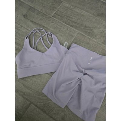 Wilo The Label XS Lilac Ribbed Activewear Set Strappy Bra Scrunch Biker Shorts