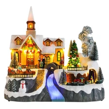 Christmas Village House, Lighted Church with Moving Train and Christmas Tree ...