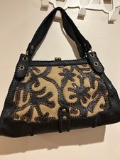Isabella Fiore Embroidered Beaded Handbag Black Beige Canvas Leather BohoVintage