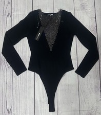 Fashion Nova Black Bodysuit With Rhinestone Chest Size XL