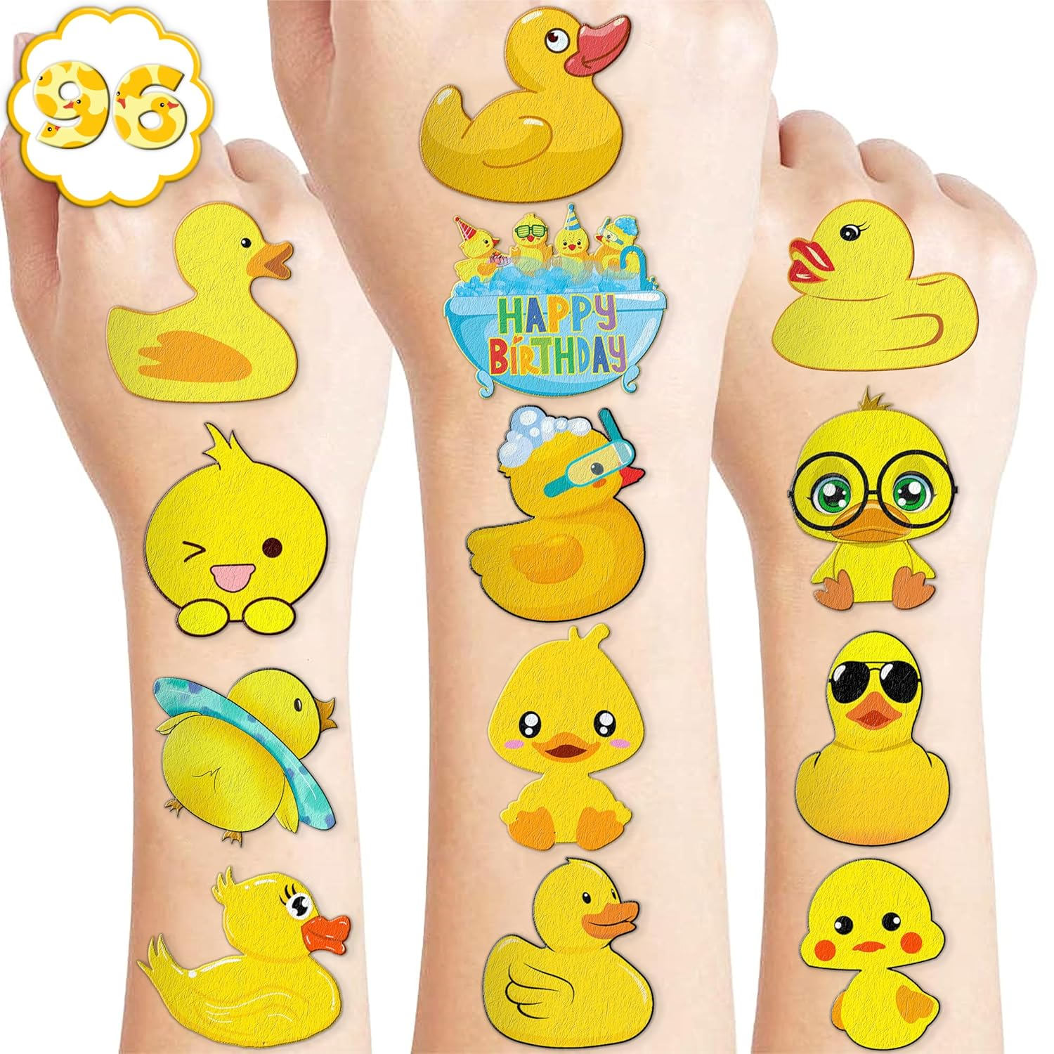 96 PCS Rubber Duck Pre-Cut Temporary Tattoos Themed Birthday Party Decorations S