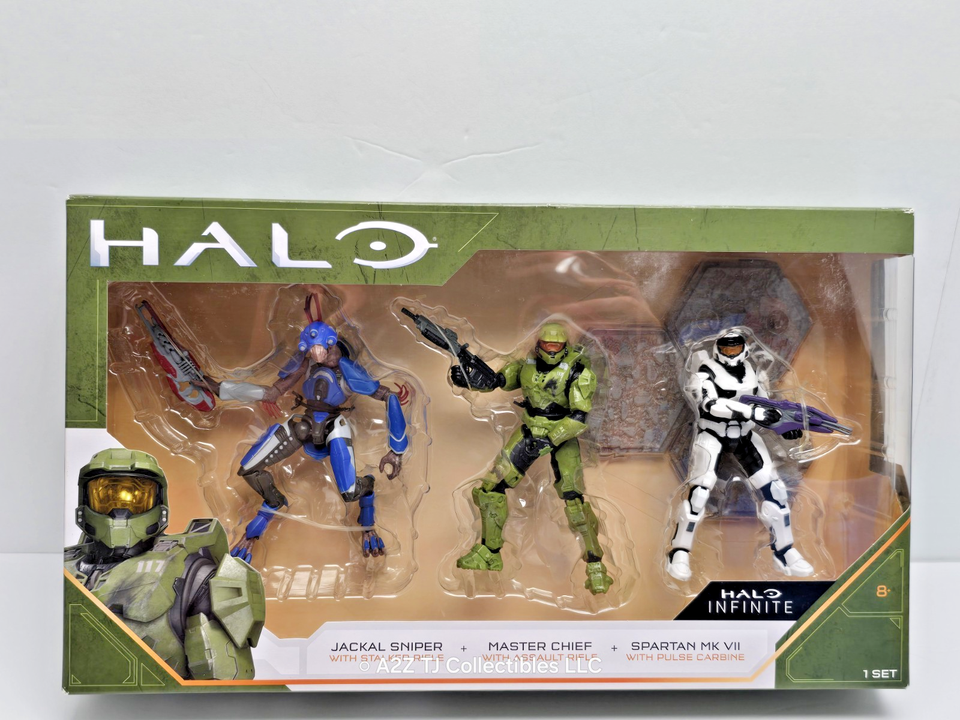 Set Di 3 Figure Halo - Jackal Sniper, Master Chief E Spartan MK VII Con Basette E Armi, 9 Cm