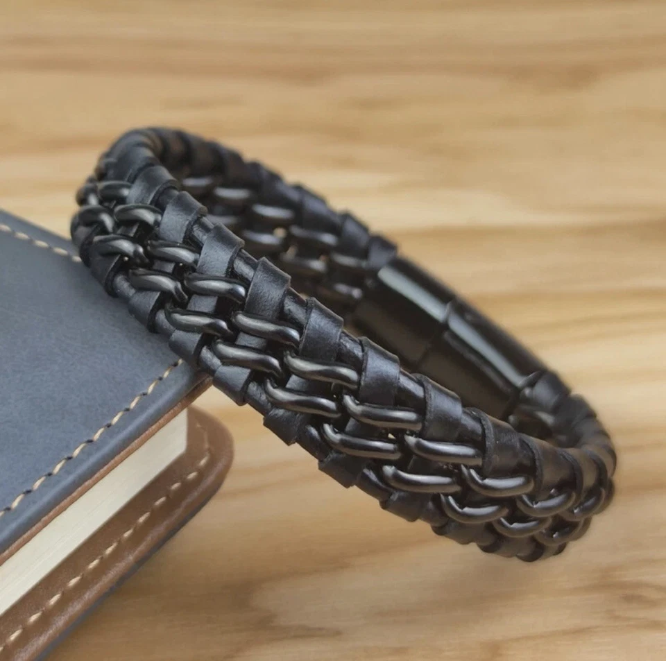 Bracelet Homme Femme Acier Inoxydable Cuir Noir Tréssé - 18,5 cm 20,5 cm 22 cm - Photo 2/4