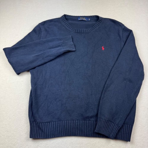 Polo Ralph Lauren Men's L Navy Blue Knit Crewneck Sweater Red Pony Logo Cotton - Picture 2 of 6