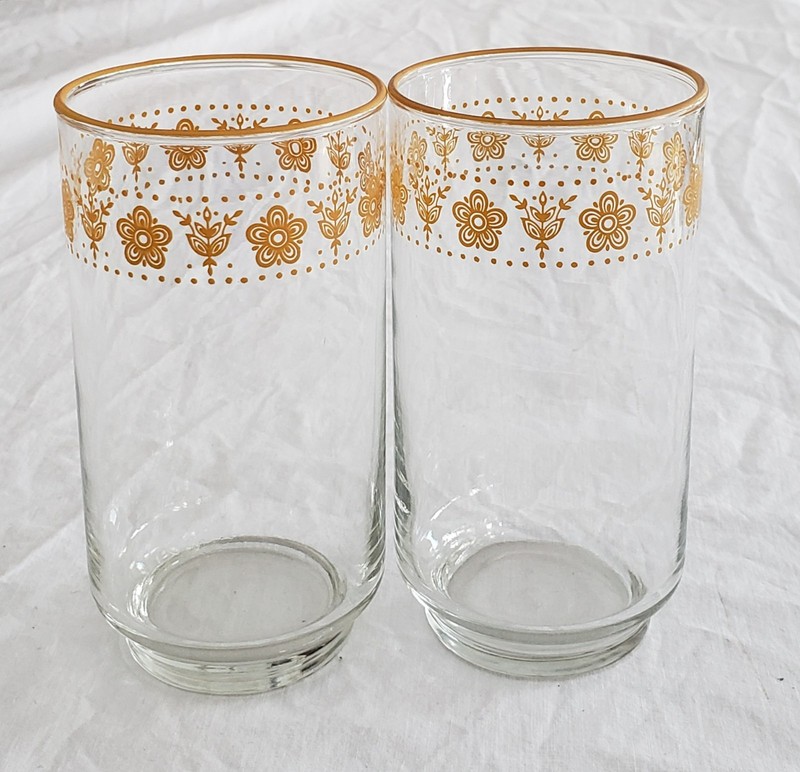 SET OF 2 VINTAGE CORNING CORELLE LIBBEY GOLD BUTTERFLY 5 " GLASS TUMBLER