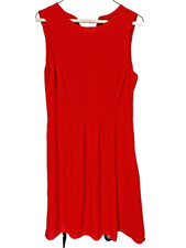 Red sleeveless polyester dress with shirred top, size 8