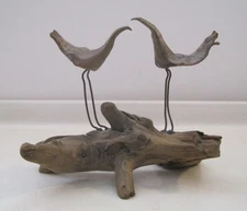 Vintage Love Bird Art Sculpture Rustic Folk Art Wood Base Pine Cone Scale Birds