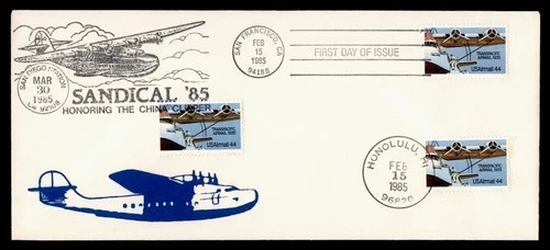 DR WHO 1985 FDC FIRST FLIGHT CHINA CLIPPER ANIV MULTI CANCEL M78087