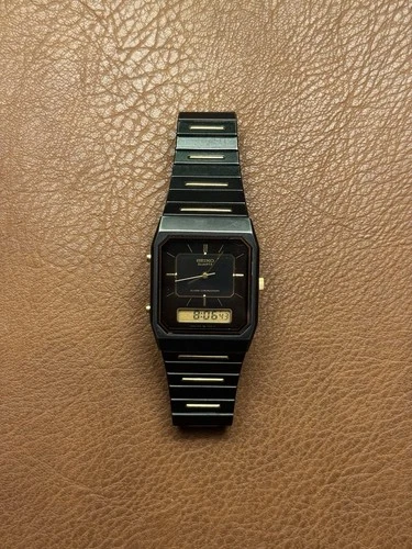 Vintage Seiko H601 Ana-Digi Black Gold Quartz Alarm Chronograph Watch