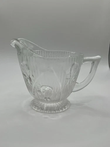 VTG  Jeanette Iris & Herringbone Creamer Pitcher Crystal Depression Glass 4”