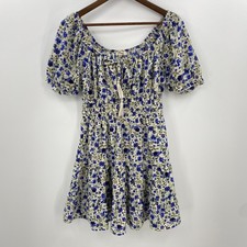 Hint of Blush Mini Dress Womens Medium Blue Floral Smocked Peasant Cottage Boho