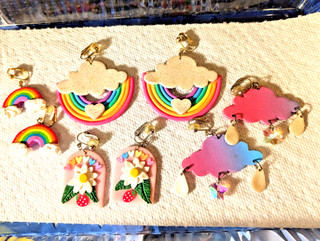 Handmade Polymer Clay Earrings; Rainbows Clouds & Flowers Lot Of 4 Pairs