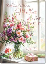 Doodlecards Mother Birthday Card Flower Bouquet and present