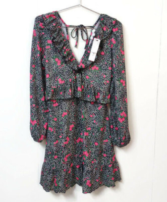 TopShop NWT WM 8 Black Pink Floral Mini Dress Ruffles Roses Romantic Boho