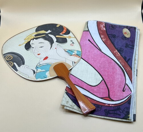 Vintage Set Original Japanese Geisha Paddle Fan & Handkerchiefs Art To Frame