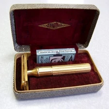 Vintage Gillette 1940 GOLD TECH in Tweed Case DE Safety Razor NICE CLEAN