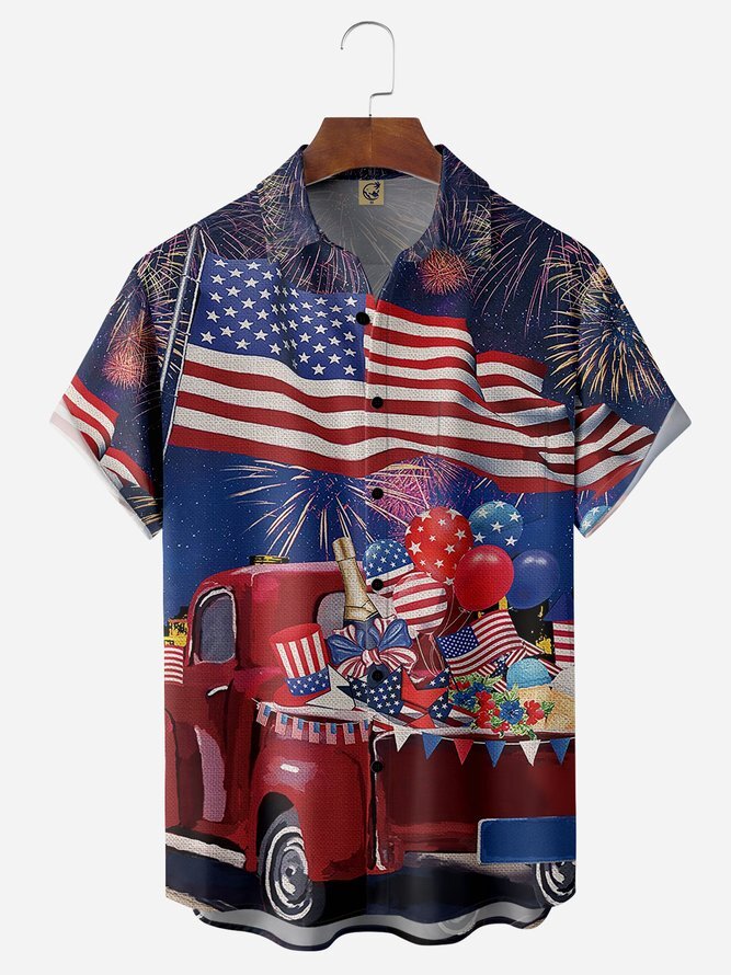 Independence Day Flag Design Hawaiian Short Sleeve Shirt with Chest Pocket