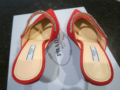 PRADA RED SUEDE KITTEN HEEL MULE SHOES SIZE 8 1/2 B - 2