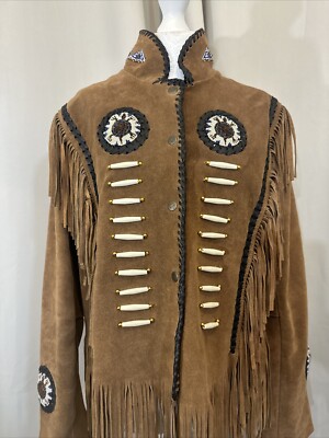 OSX Western Native American Beaded Tasseled Vintage Suede Leather Jacket K65