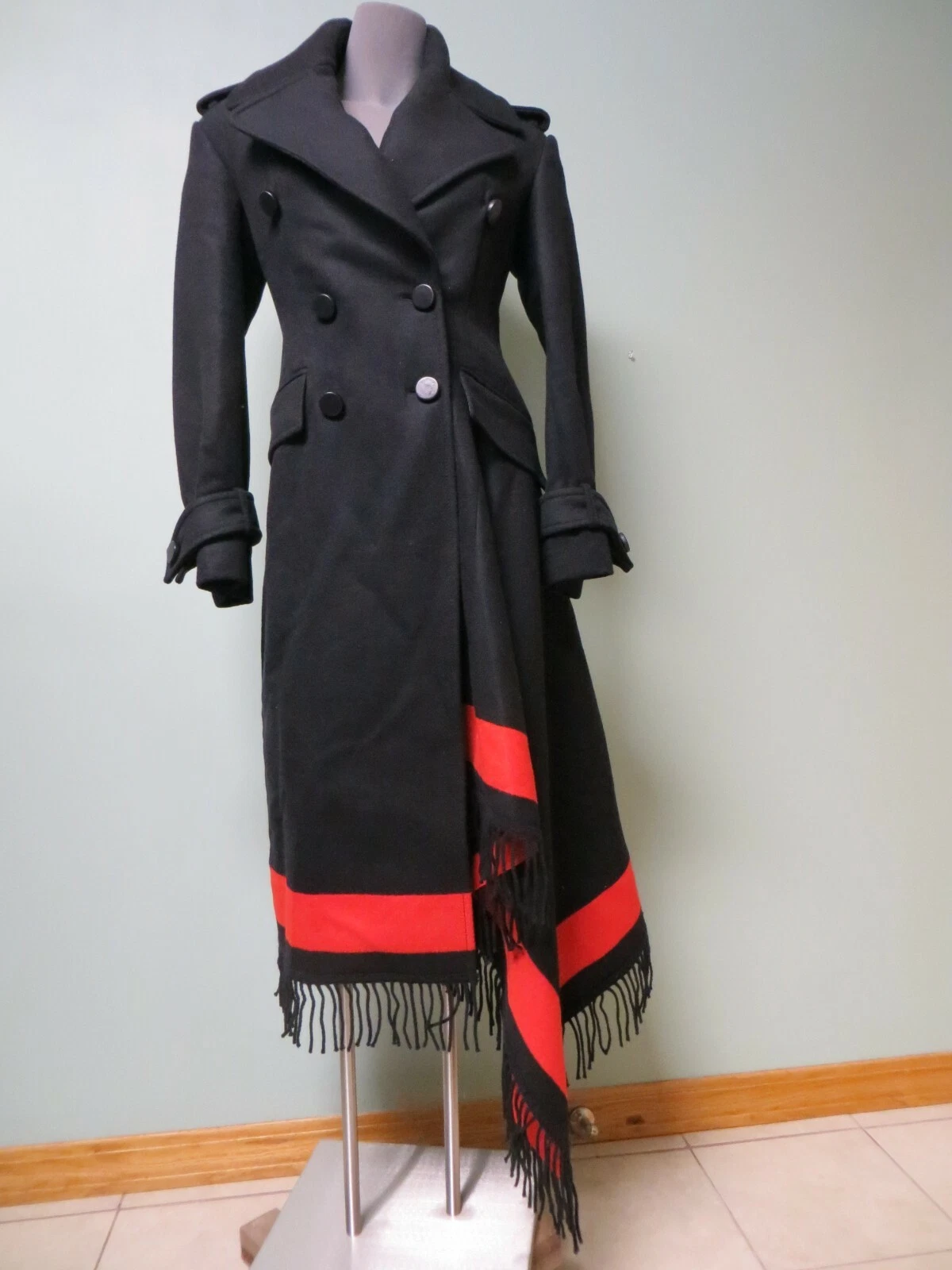 $7290 NUOVO Alexander McQueen rosso nero orlo frange coperta cappotto abito 40 militare