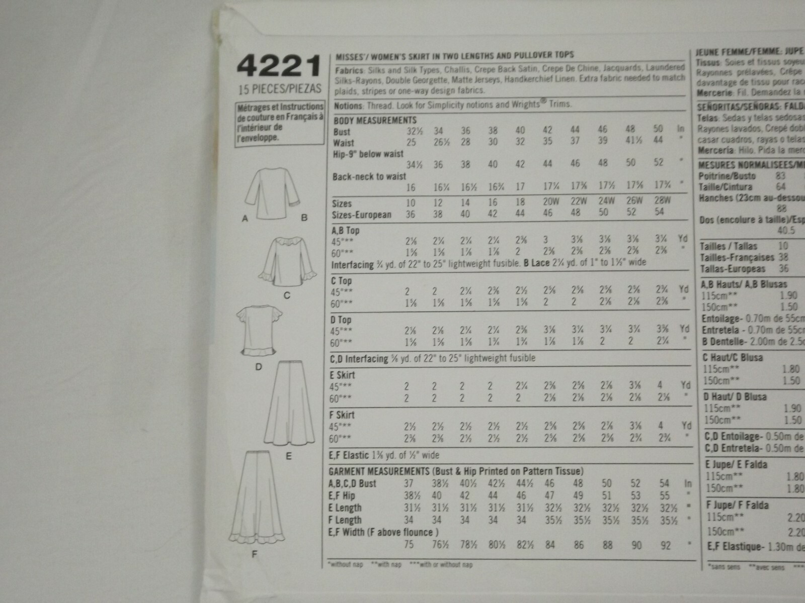 SIMPLICITY Easy to Sew Top & Skirt 4221 PATTERN Size AA 10 12 14 16 18 ...