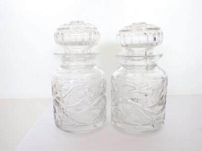 Antique Victorian Cut Glass Etched Pair Dresser Jars Bottles Open Back Stopper