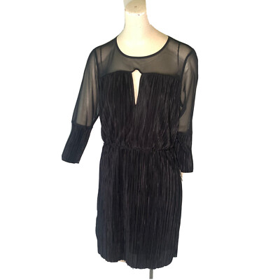 BCBG Generation Dress Black Pleated Mesh Crinkle Size Medium 3/4 sleeves New
