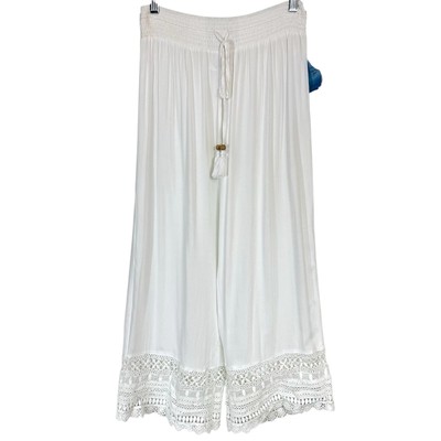 NWT GOA Beachwear by Japna White Wide Leg Crochet Hem Beach Pants Coverup Size M